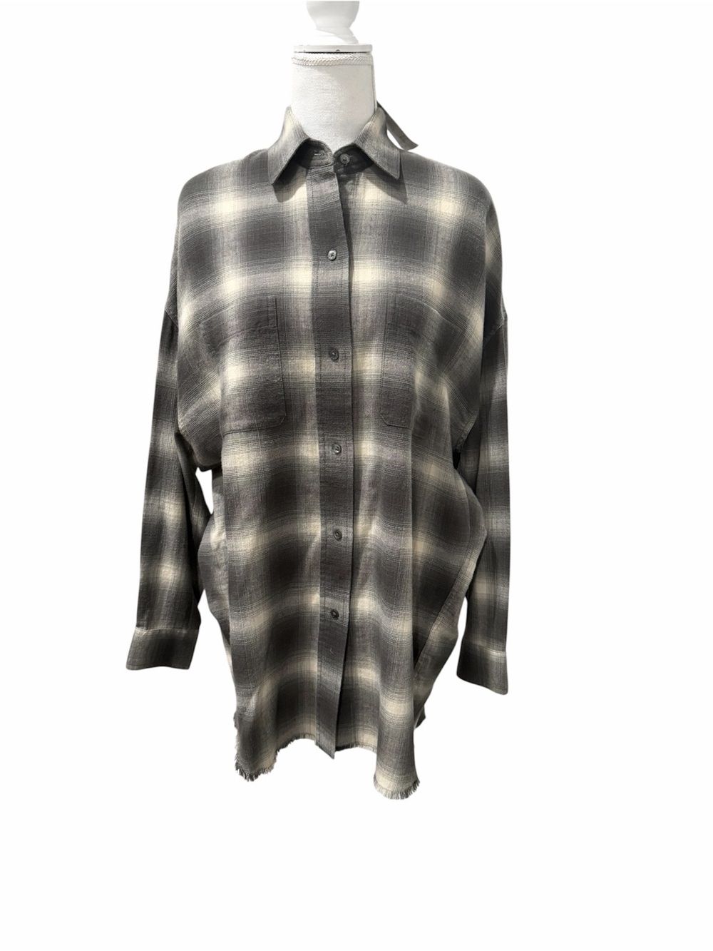 New Vince Women’s Gray and Beige Plaid Button-Up Tunic Shirt Size XSmall
